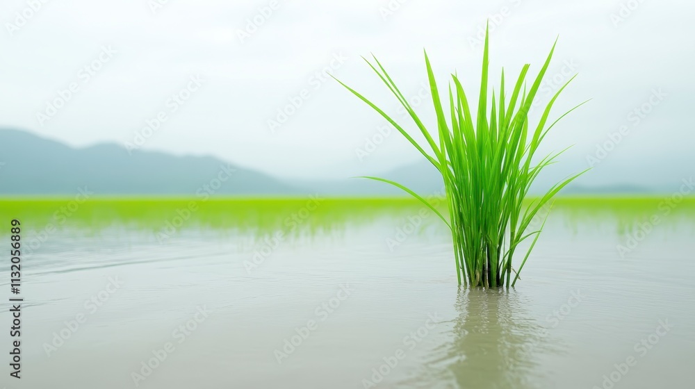 Obraz premium Lush Green Rice Plant in Paddy Field Calm Water Nature Scene