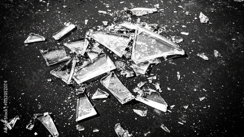 Shattered Glass Pieces Scattered on Dark Surface Background