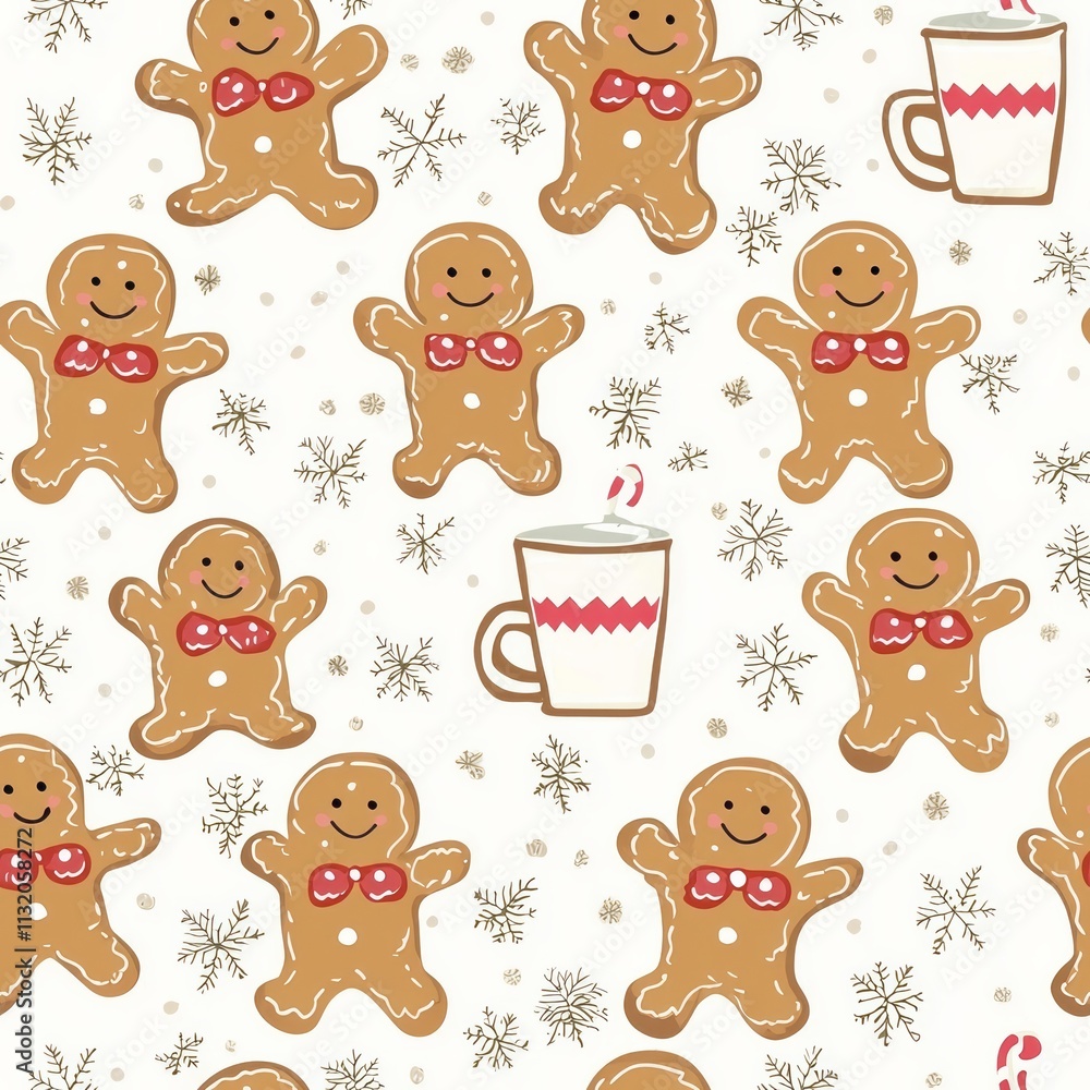 Obraz premium Seamless pattern of gingerbread men with hot cocoa mugs