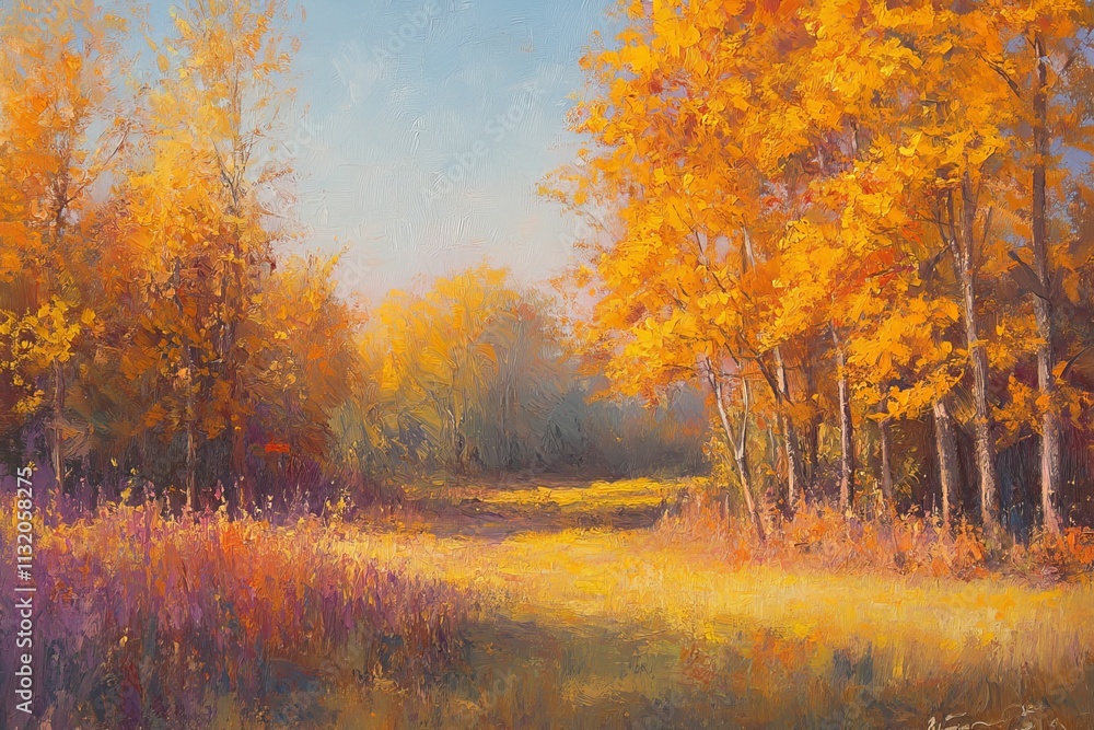 Fototapeta premium Vibrant autumn landscape painting, showcasing golden trees, sunlit meadow, and purple wildflowers.