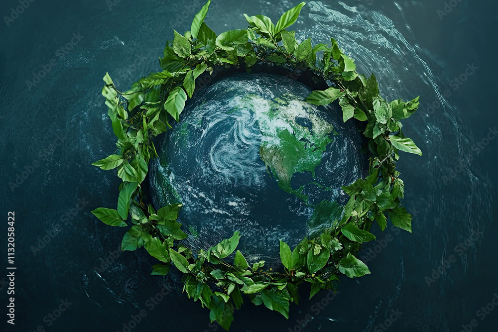 Fototapeta premium A planet made of water with green vines encircling it, symbolizing harmony between Earth and nature