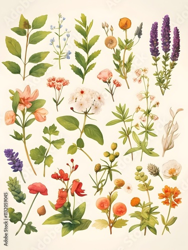 Detailed Watercolor of Diverse Medicinal Herbs and Plants in Natural Color Palette