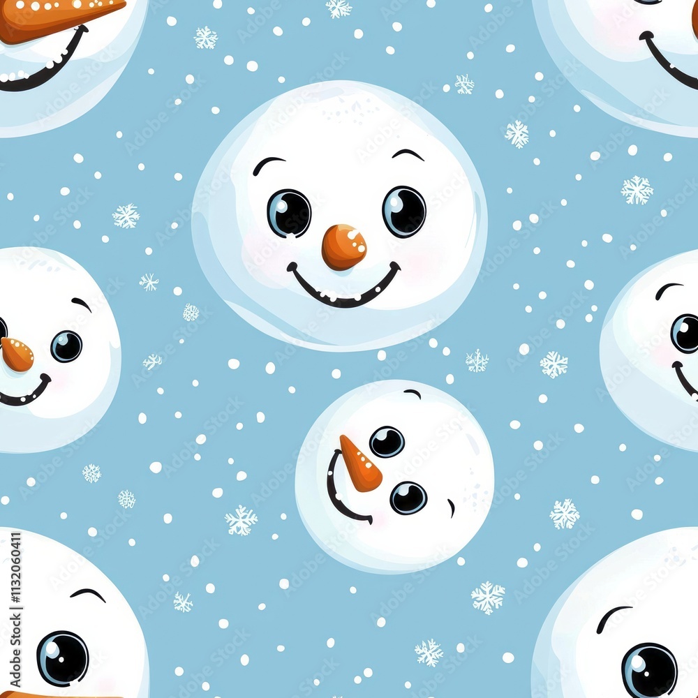 Fototapeta premium Seamless pattern of snowman faces with glittery eyes