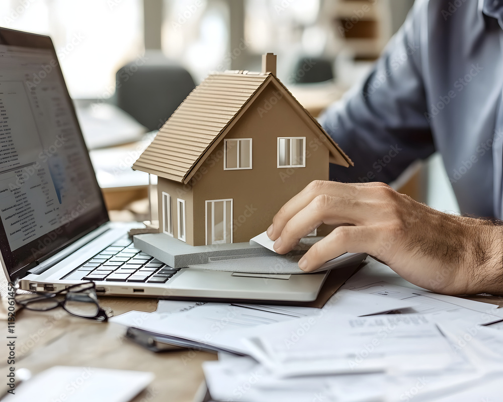 Fototapeta premium House Model, Laptop, and Documents on Desk