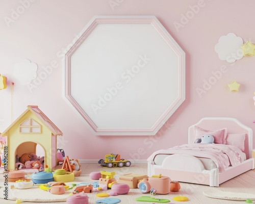 Kawaii-themed girl's bedroom featuring a playful octagon frame on a pastel-colored wall.