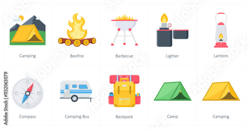 A set of 10 camping icons as camping, bonfire, barbecue