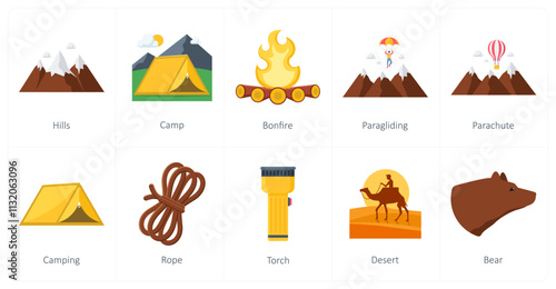 A set of 10 camping icons as hills, camp, bonfire