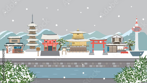 雪の積もる冬の京都の観光名所（フルHD 16:9サイズ）