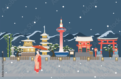 ライトアップされた冬の夜の京都