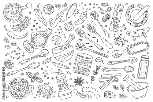 Set of black and white vector illustrations of spices and herbs for cooking. Chili, cardamom, turmeric doodles, outline tamarind, zaatar, nutmeg, kitchen tools collection, mortars, pestles, spoons