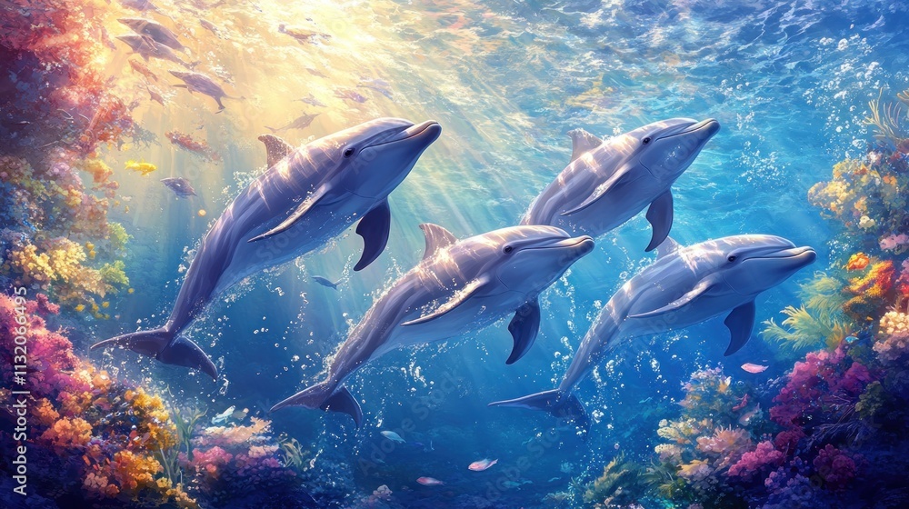 Fototapeta premium Four dolphins swimming in vibrant coral reef, sunlit ocean.