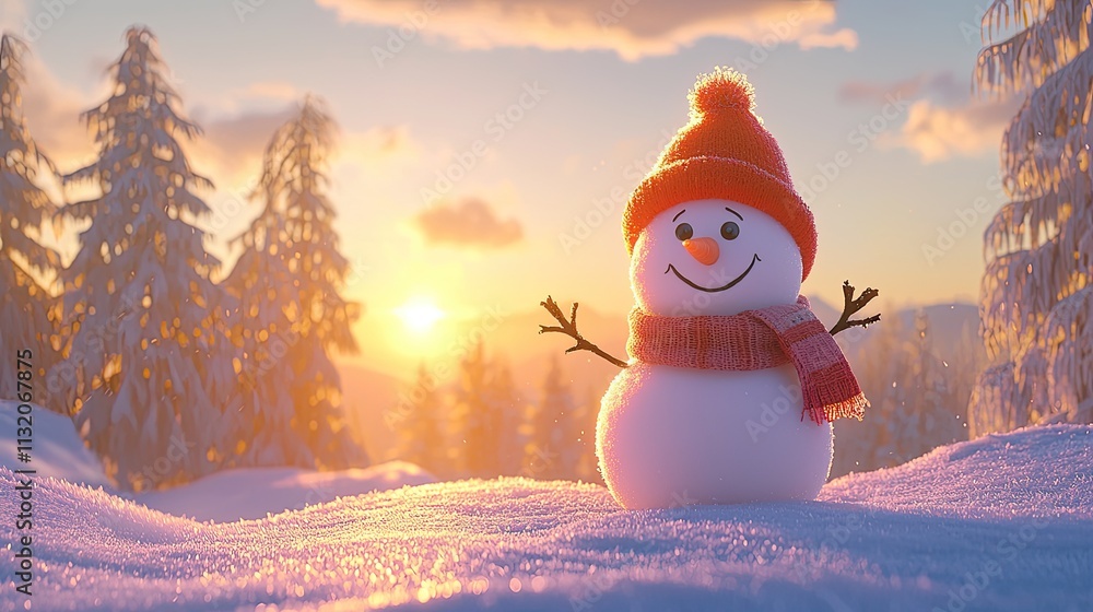 Obraz premium Photo of a smiling snowman wearing a hat and scarf, set against a winter landscape with falling leaves in the background, during the golden hour. This concept could be used for a Christmas card. Ai