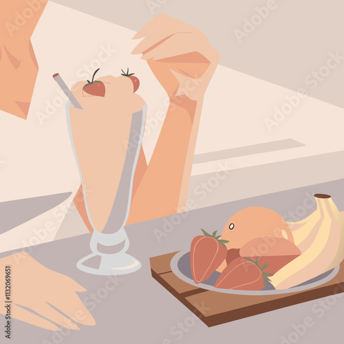 Person enjoying a milkshake with fruit platter illustration for delightful dining experiences
