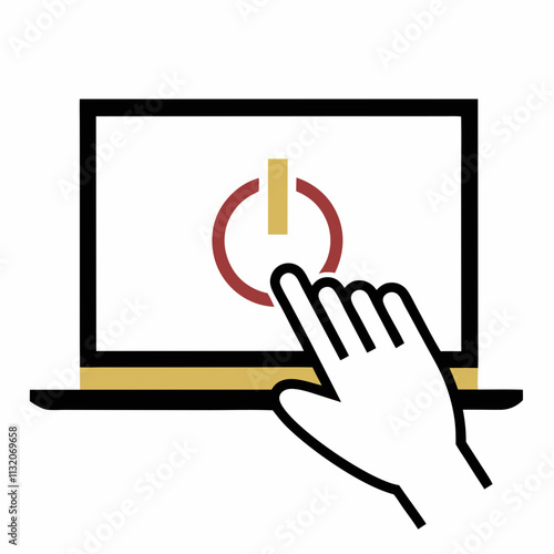 Laptop illustration with a hand pressing the power button for tech-related themes
