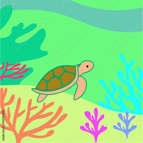 Colorful sea turtle illustration swimming among vibrant coral reefs for marine life awareness
