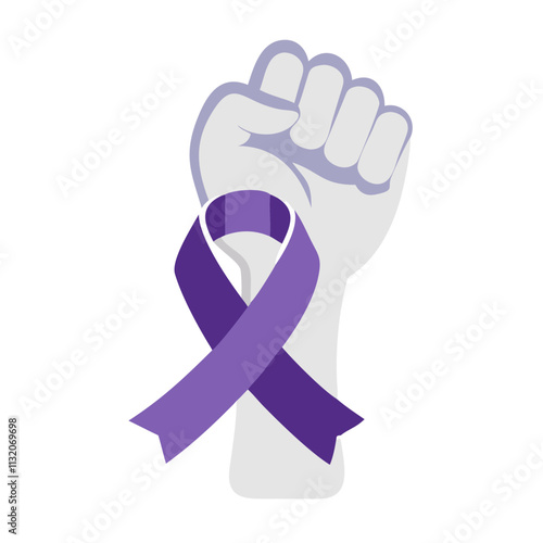 Purple ribbon and raised fist illustration symbolizing awareness and support for causes on a transparent background