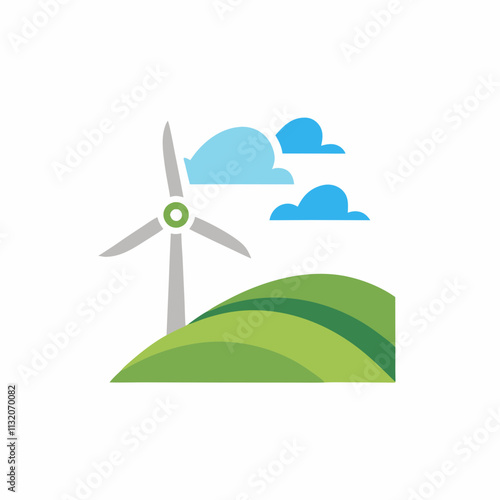 Illustration of a wind turbine on a green hill with clouds