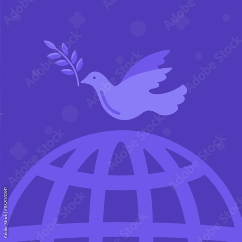 Dove carrying olive branch over globe illustration for peace and harmony concept