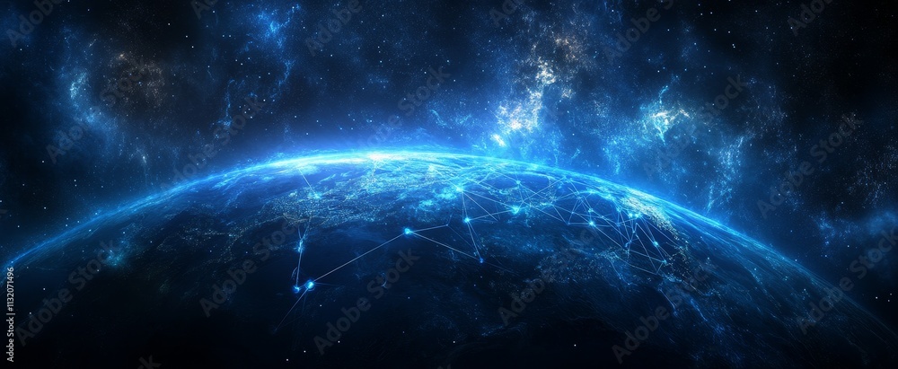 Obraz premium Global network connection, earth at night, glowing lines.