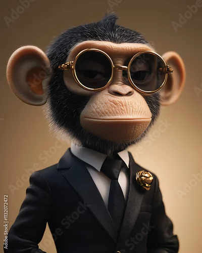 Fototapeta Sophisticated Chimpanzee in a Suit: A 3D Render of a Dapper Ape Wearing Sunglasses and a Tuxedo