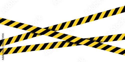 Isolated crossed warning tape with yellow and black stripes. caution ribbon.