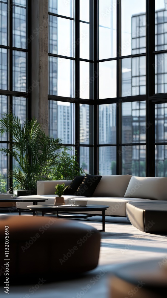 Modern office space featuring sleek furniture, expansive windows, and ...