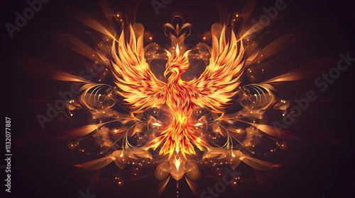 Illustration of a phoenix in fire. symbol of rebirth. fenix with burning wings and feathers. firebird on black background. generative ai. Phoenix. Illustration photo