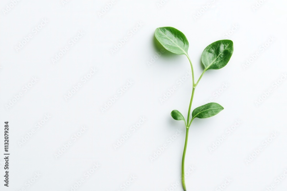 Fototapeta premium A green plant stem with leaves on a white background.
