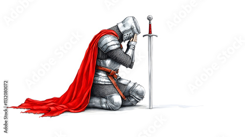 Illustration of a medieval knight kneeling in prayer with a sword, realistic on a white background. Knight. Illustration photo