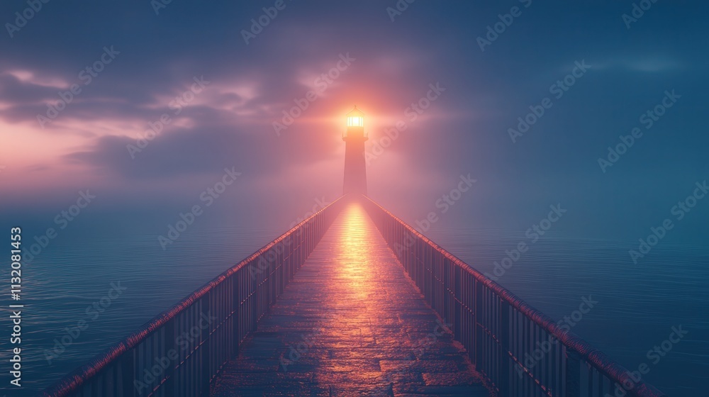 Obraz premium a bridge extending to a lighthouse, with soft light illuminating the path and casting reflections on the calm sea below