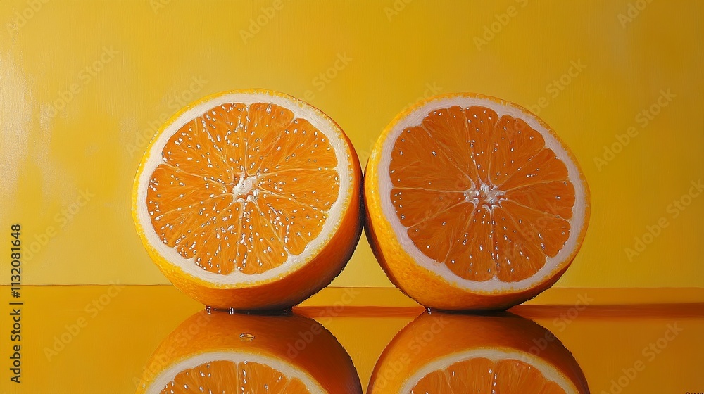 Fototapeta premium Two Halves of a Juicy Orange on Yellow Background