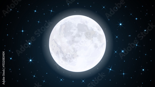 Full moon and starry midnight sky create a stunning realistic vector background. The Glowing moon, surrounded by twinkling stars, is perfect for digital artwork, illustrations, presentations, banners