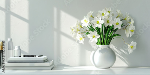 minimalist Home office, interior for bloggers workplace with white daffodils in a vase