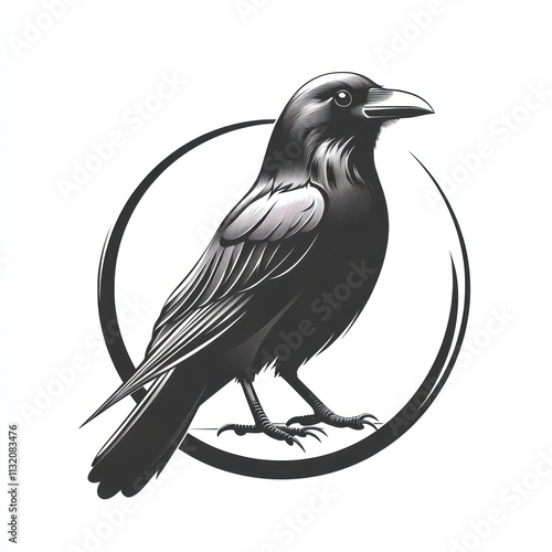 Majestic crow in a circular frame, monochrome illustration. photo