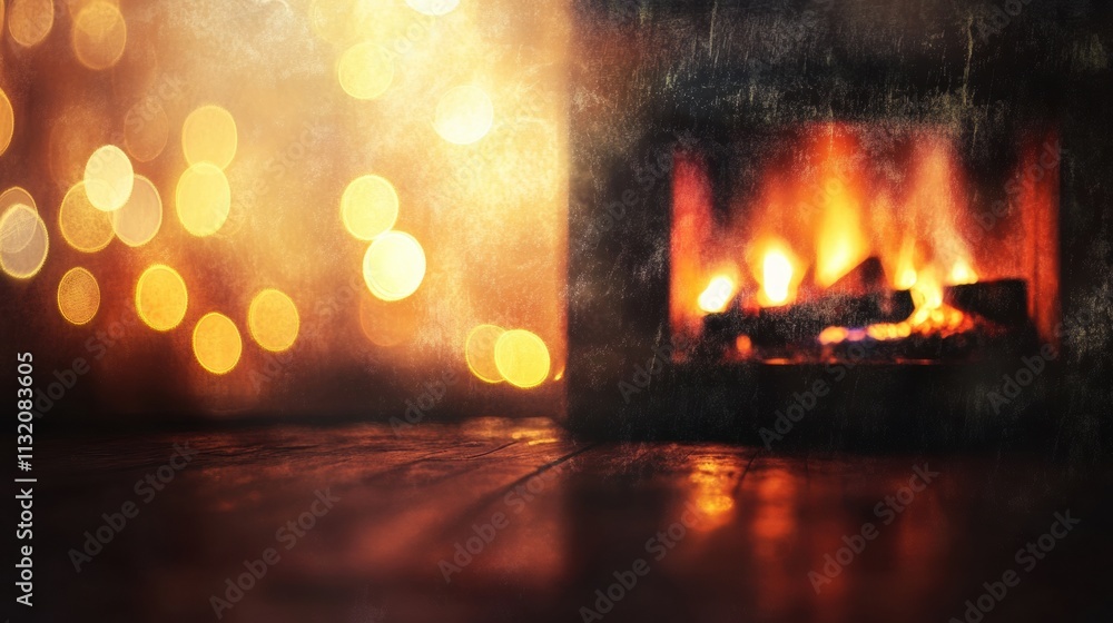 Fototapeta premium Warm holiday fireplace scene blurred into an abstract bokeh background