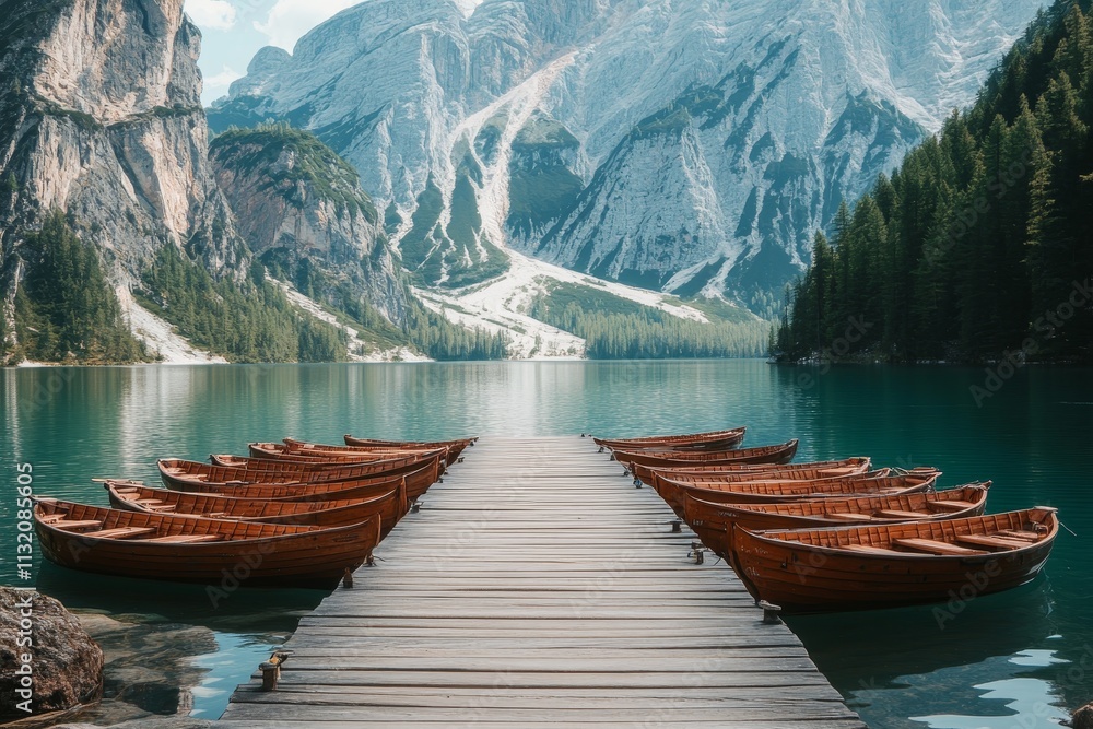 Obraz premium Wooden boats on a dock at a tranquil mountain lake.