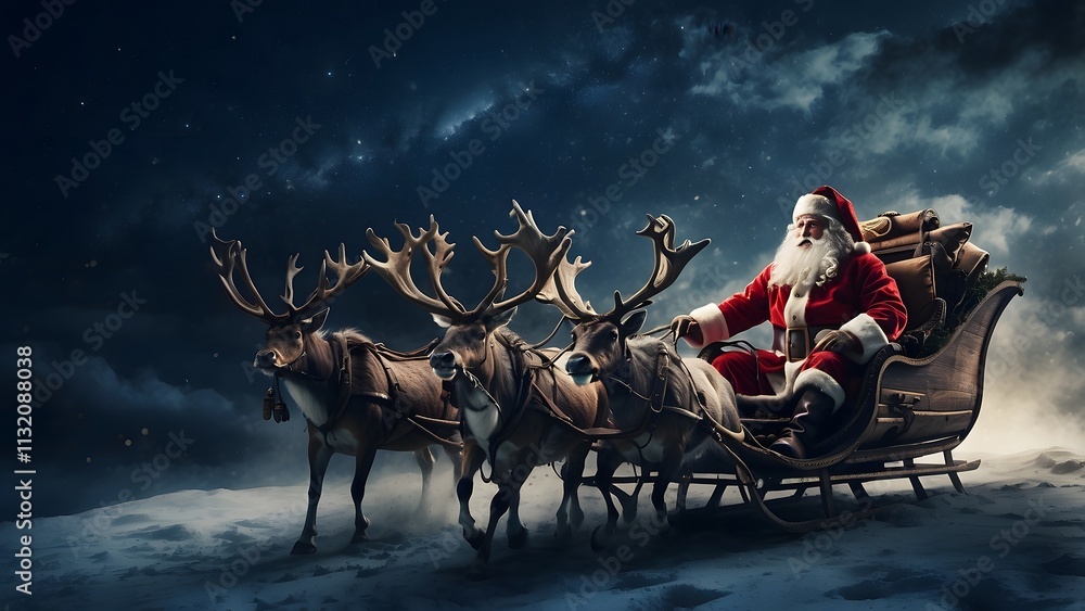 Naklejka premium Santa Claus riding reindeer in the night in winter forest