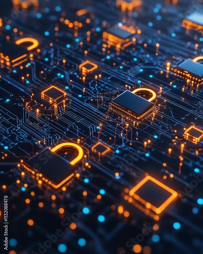 Digital image illustrating cybersecurity concepts with glowing locks and data flow, symbolizing technology, safety, and digital protection