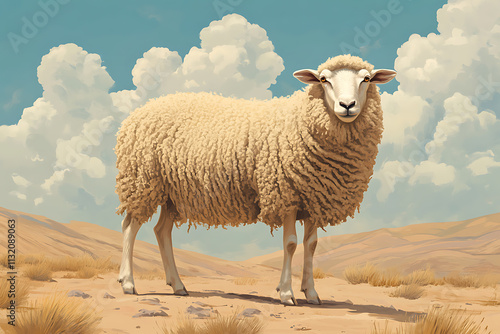 A Fluffy Sheep in a Desert Landscape Under a Cloudy Sky: A Peaceful Scene photo