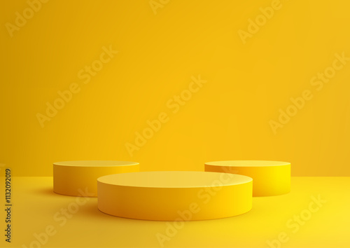 Bright Yellow 3D Cylindrical Podiums on Yellow Background for Product Display Mockup