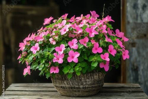 Wallpaper Mural A vibrant pot of pink flowers on a wooden table. Torontodigital.ca