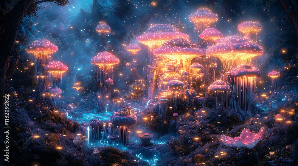 Obraz premium Enchanted Glowing Mushroom Forest: A Fantasy Landscape of Luminescent Fungi and Magical Waterfalls