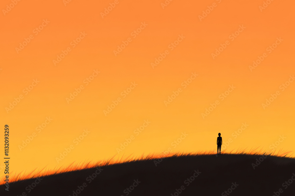Fototapeta premium A man stands on a hill overlooking a beautiful sunset