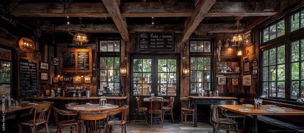 Fototapeta premium Rustic pub interior with wooden beams, tables, chairs, and vintage decor.