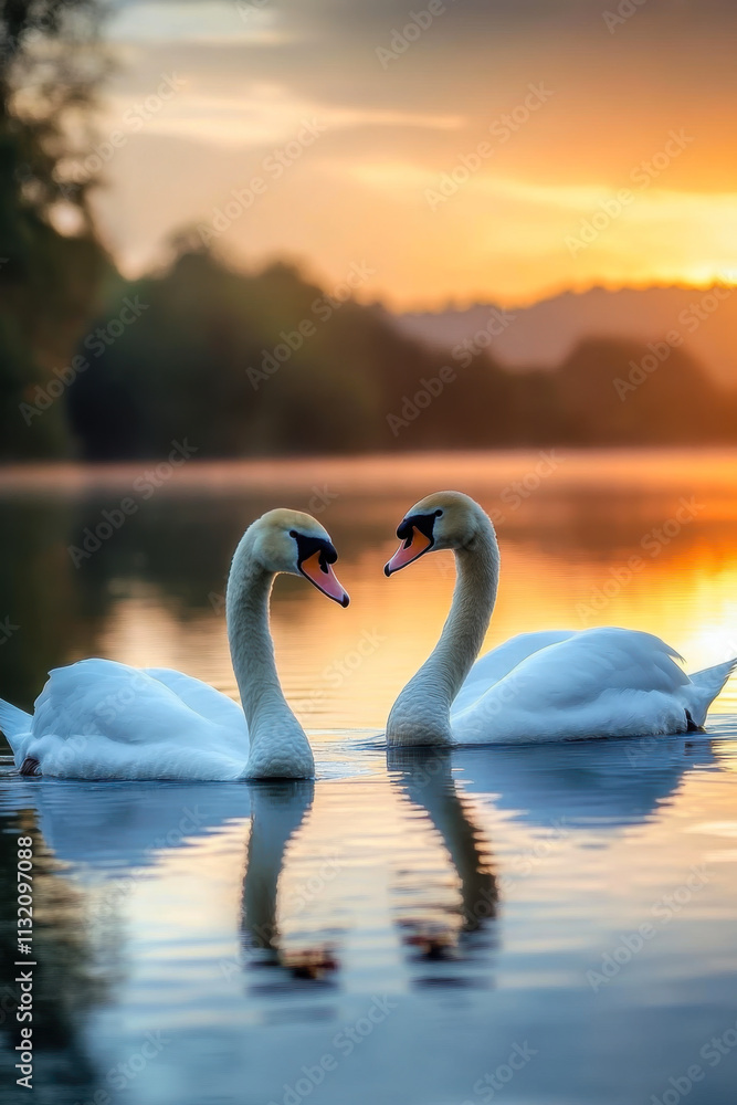 Fototapeta premium beautiful white swan in heart shape on lake in flare light