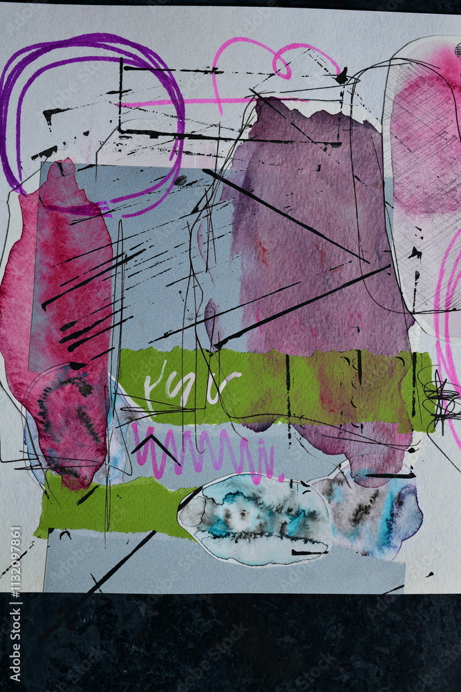 Obraz premium Abstract creative art collage, chaotic strokes, blots, spots and lines of paint on paper, modern print pattern background