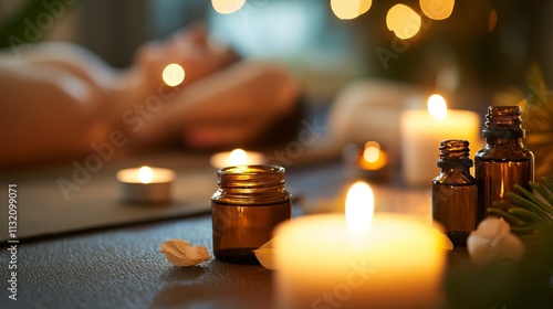 Yoga Mat Setup with Candles and Essential Oils for Mindful Relaxation, Relaxation and Recovery Scenes, New Year's day, New Year's Eve 