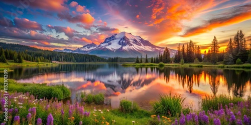 Wallpaper Mural Serene Sunset Reflection on a Tranquil Mountain Lake with a Lush Green Shore and Vibrant Purple Flowers Torontodigital.ca