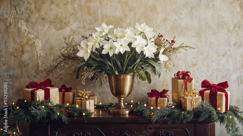 Elegant Christmas mantel decor with white amaryllis flowers, red gift boxes, garland, and gold ornaments, Xmas holiday festive background header or website banner photo