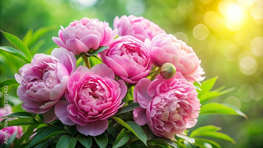 Fototapeta premium Delicate Pink Peony Blossoms Bathed in Sunlight, a symphony of soft petals and vibrant green foliage, against a backdrop of blurred greenery and golden sunlight.